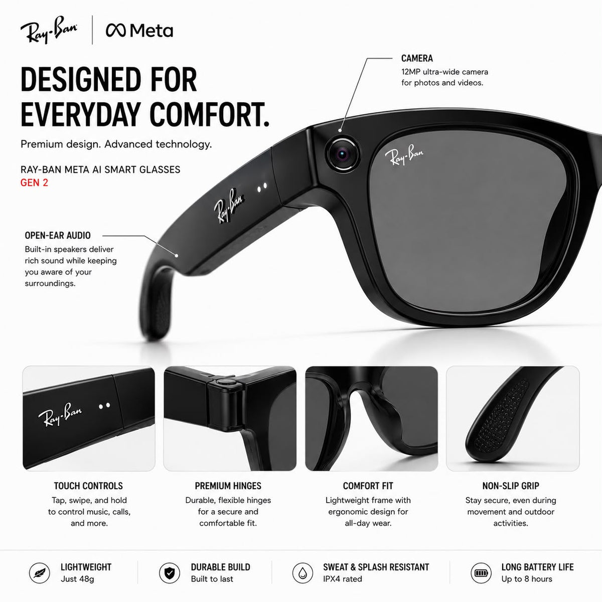 AI Smart Glasses (Gen 2) with night Vission, 12 Mp Camera & All Smart Features
